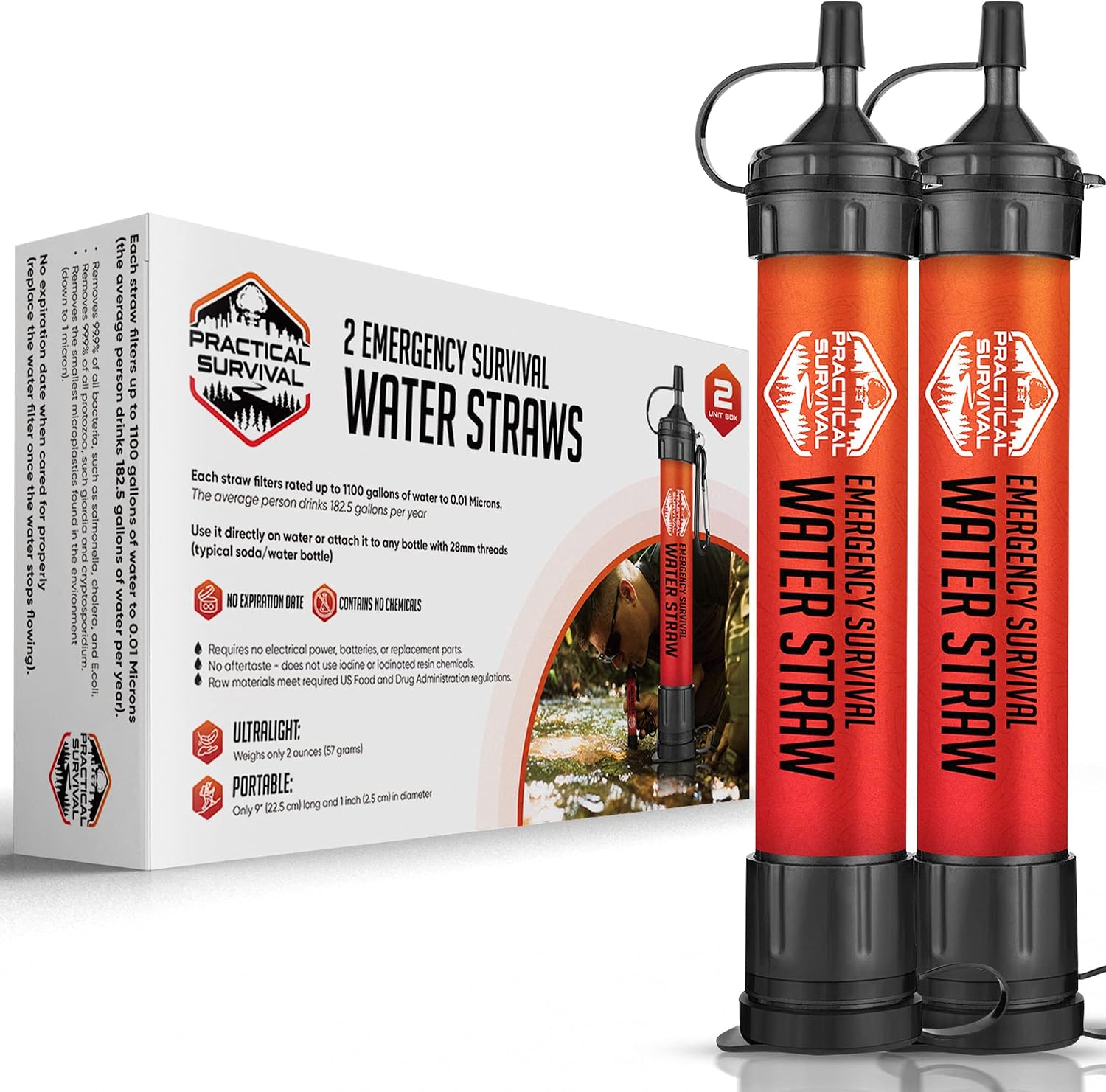 Practical Survival Reusable Emergency Water Filter Straws, 2-Pack